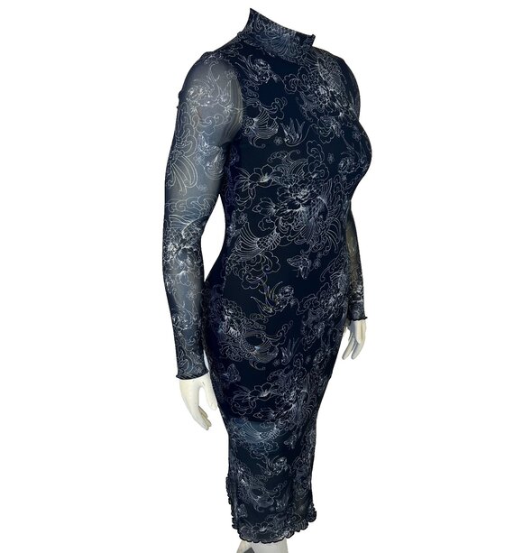 Forever 21 Bodycon Dress Womens M Asian Print Stretch Long Sleeve Mesh Mock Neck - Picture 3 of 14